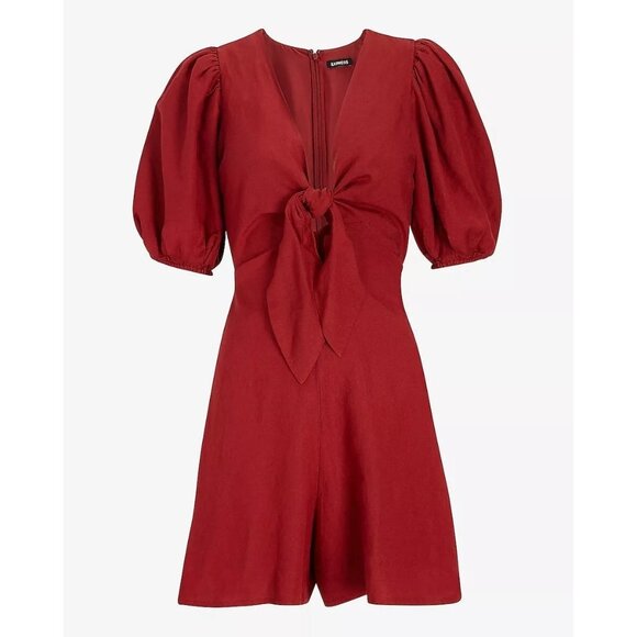 Express Linen-Blend Tie-Front Red Romper Puff-Sleeve XS Accentuated Bust Tie Low - Picture 7 of 8